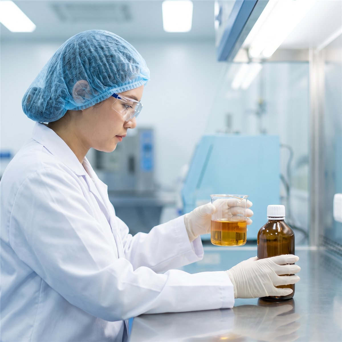 Technician checking a sample against a finished bottle in the cleanroom