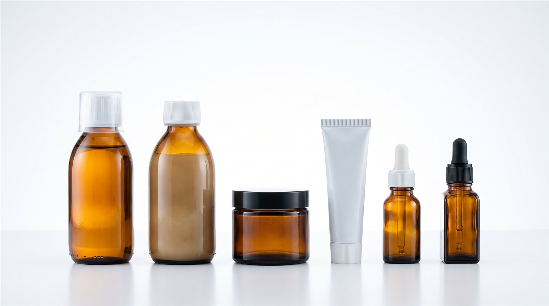 Range of unbranded pharmaceutical containers: bottles, jar, tube, and dropper bottles