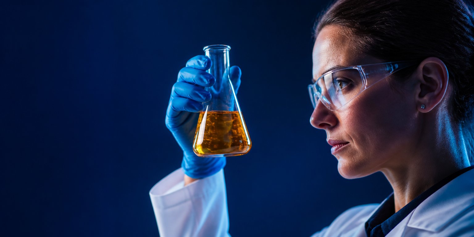 Formulation scientist examining a flask of amber liquid