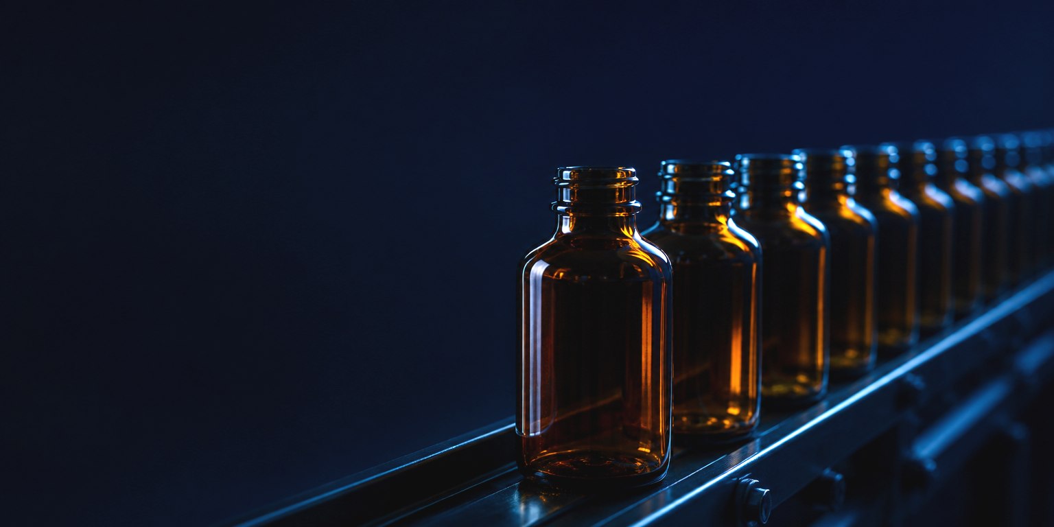 Row of unbranded amber bottles on a filling line