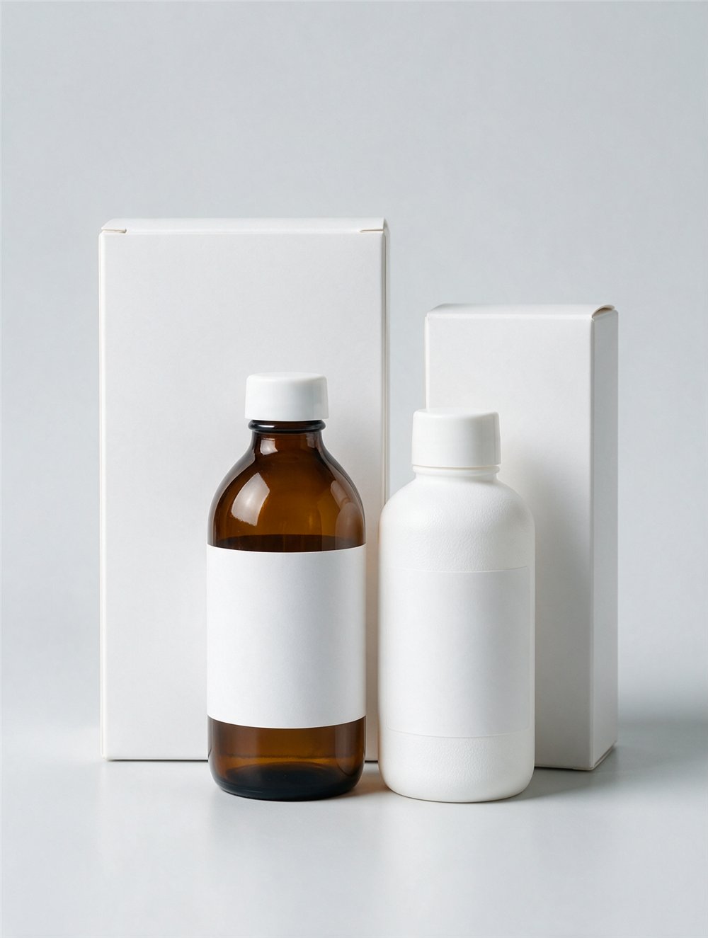 Unbranded bottles and blank folding cartons