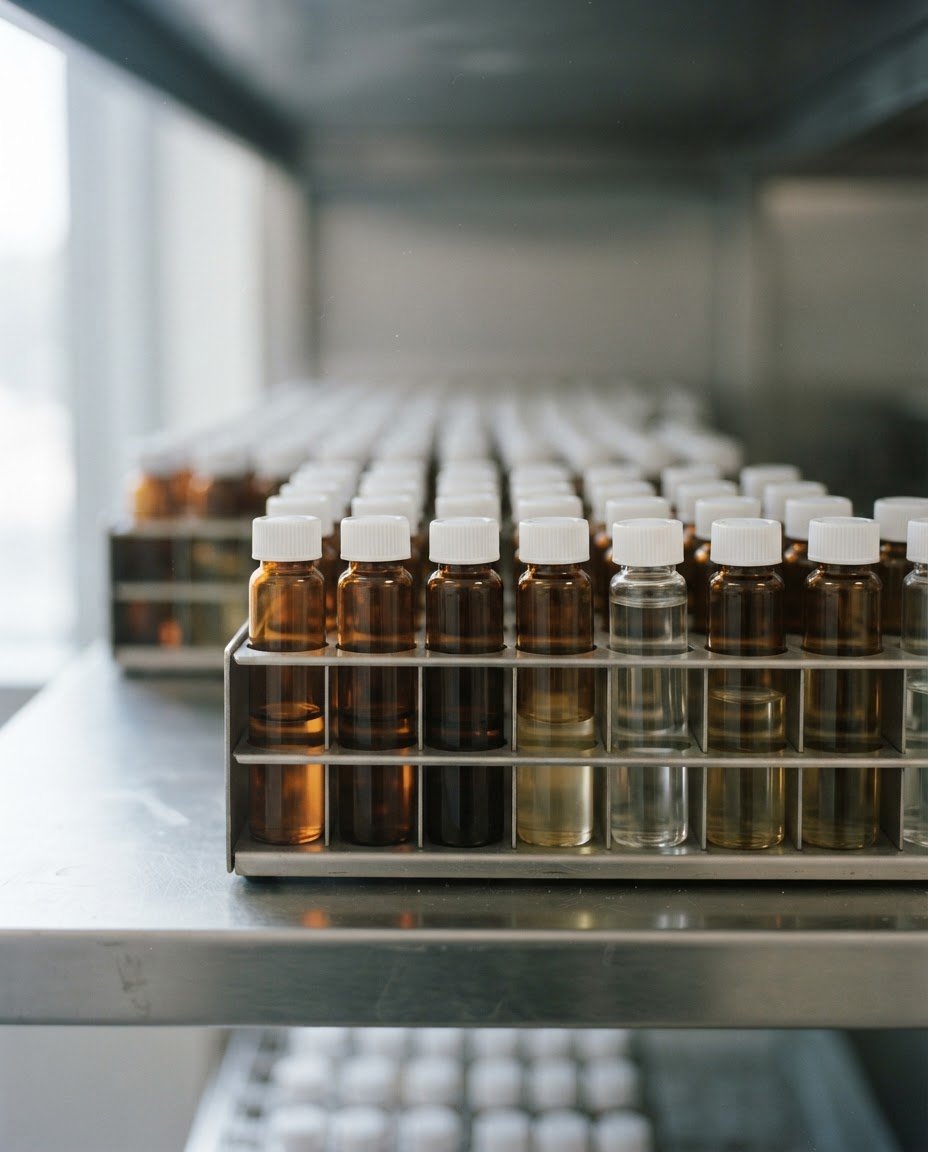 Racks of retained sample bottles held on the shelf